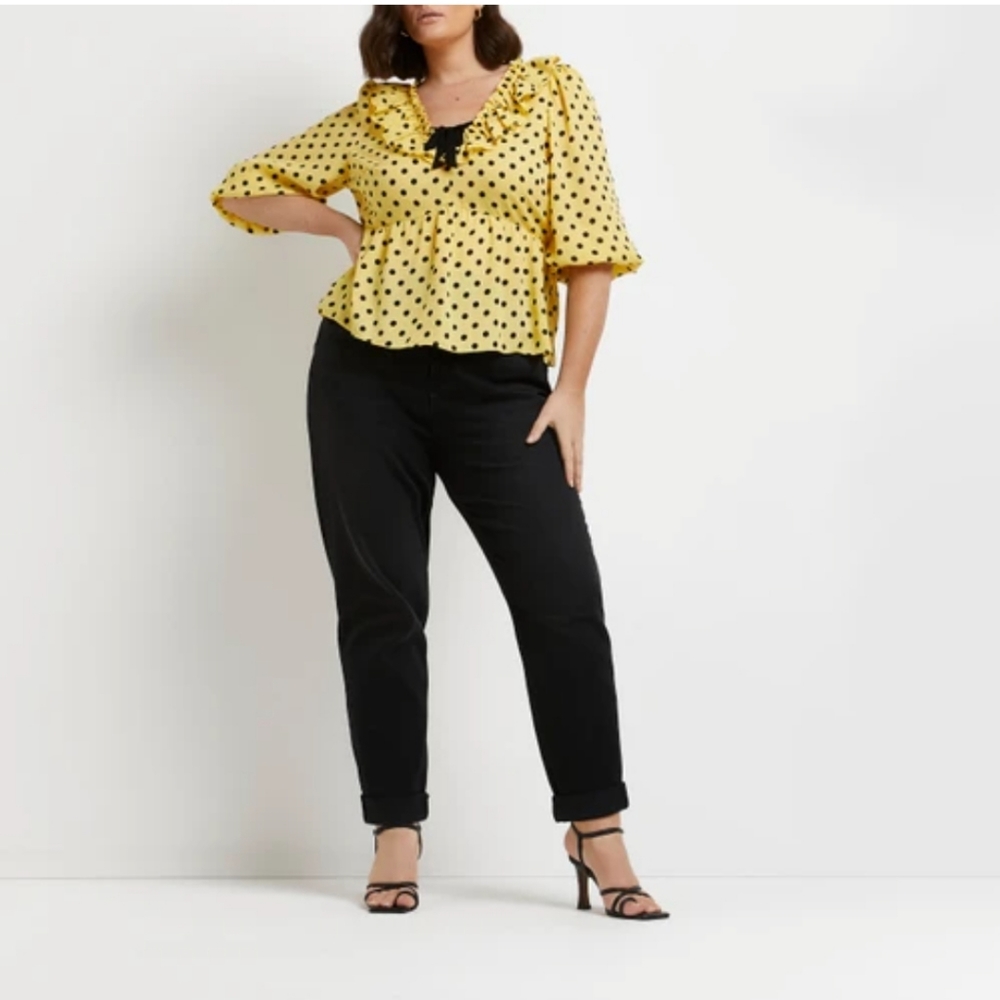 RIVER ISLAND Chiffon Peplum Polka Dot Blouse 20W Or 2XL Yellow/Black BNWT
